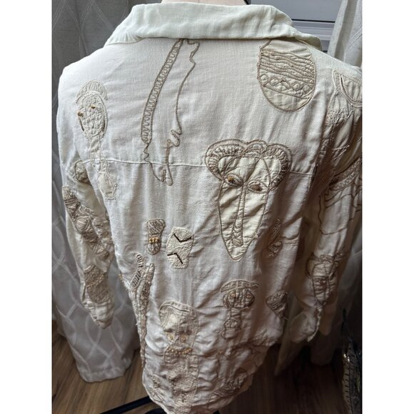 Chicos Womens 2 linen Embroidered Tribal Masks Linen 3/4 Sleeve Button-Up Shirt - Picture 8 of 15